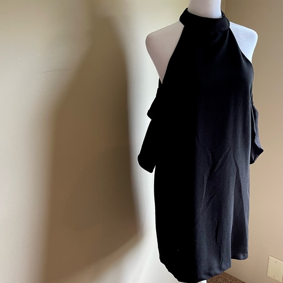 High Neck Black Dress with Off the Shoulder Sleeve S/M - Picture 5 of 8